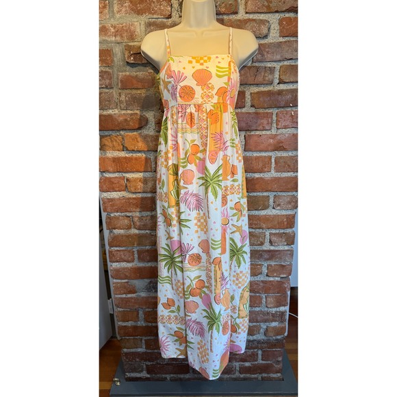 Japna Dresses & Skirts - Japna Tropical Cotton Maxi Dress XS Orange Pink Palm Tree Shell Print Smocked
